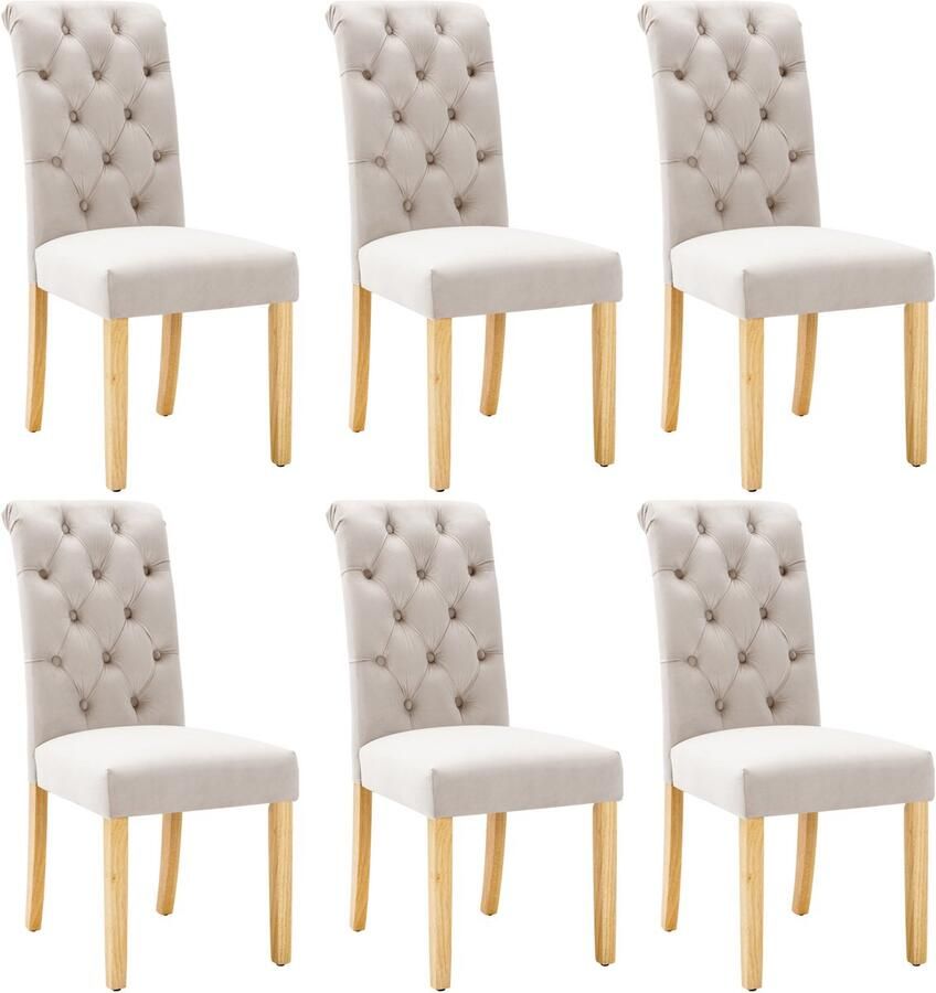 Merax Fluwelen eetkamerstoel set van 6 met eiken poten chroom knocker slaapkamerstoel Keukenstoel Woonkamer loungestoel beige