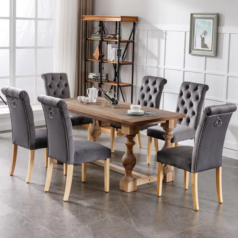 Merax Fluwelen eetkamerstoel set van 6 met eiken poten chroom knocker slaapkamerstoel Keukenstoel Woonkamer loungestoel grijs