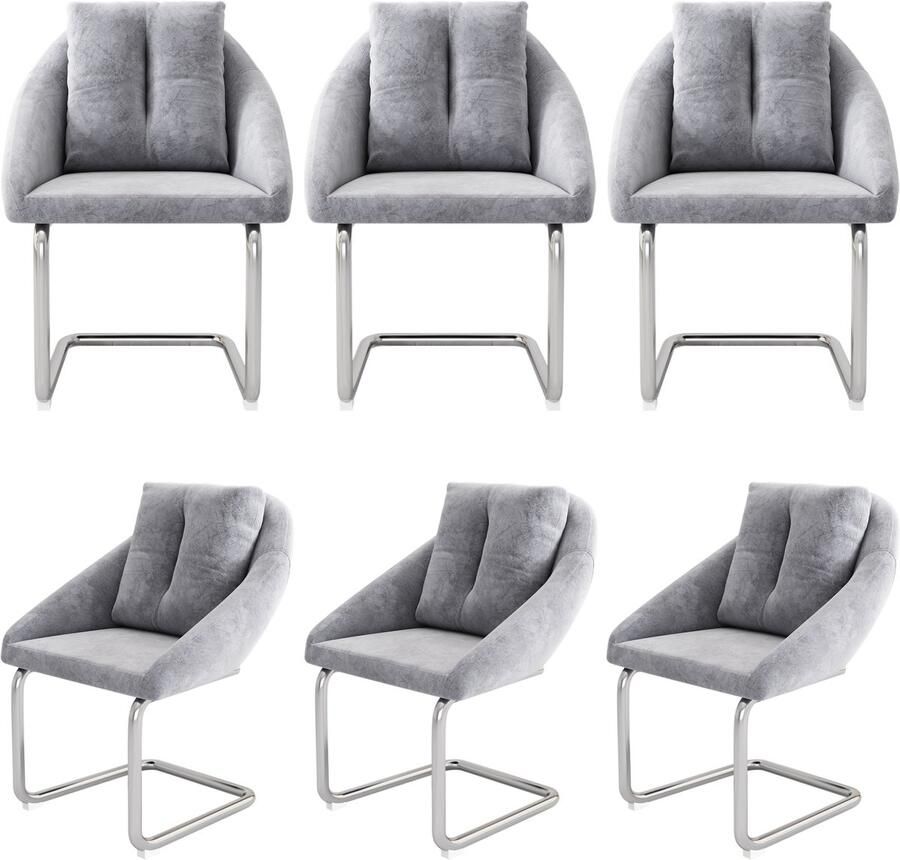 Merax Fluwelen eetkamerstoel set van 6 met rugkussens woonkamer en slaapkamer draaistoel ontspanning draaistoel gebogen steunpoten grijs