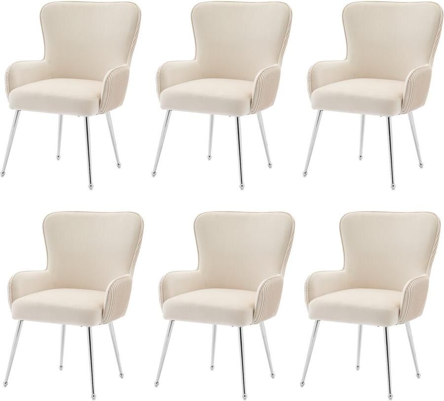 Merax Fluwelen eetkamerstoel set van 6 woonkamer slaapkamer loungestoel met armleuningen en verstelbare poten lendensteun beige en zilver