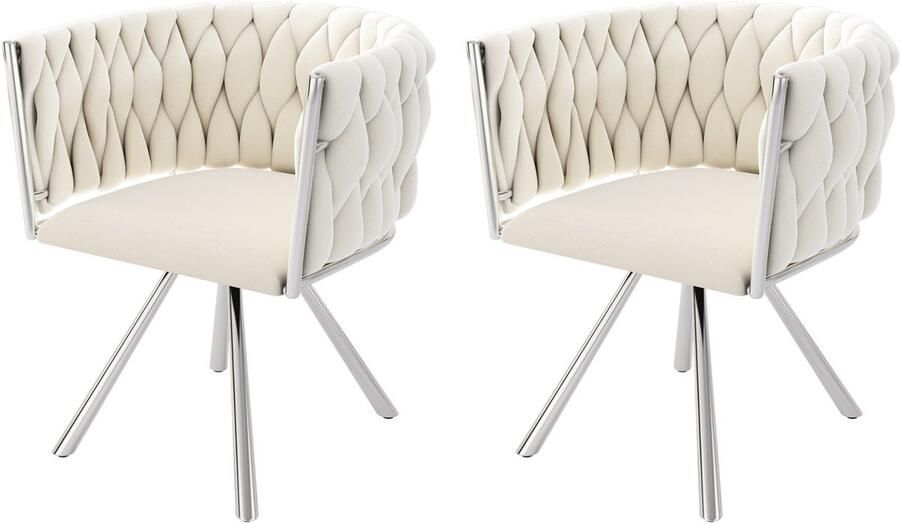 Merax Velvet Eetkamerstoel Set van 2 Luxe Draaibare Stoelen met 360° Rotatiefunctie Ergonomisch Ontwerp Stevige Stalen Poten Beige + Zilver