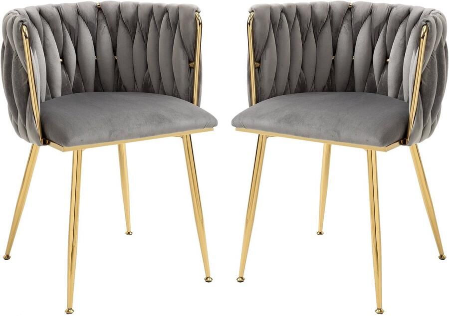 Merax Fluwelen Eetkamerstoelen – Set van 2 – Grijs – Velvet Stoelen met Gouden Poten – Luxe Designstoelen