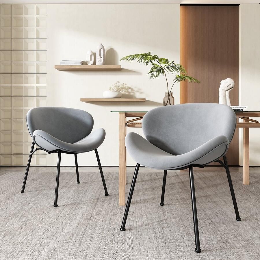 Merax Fluwelen Eetkamerstoelen Set van 2 Luxe Lounge Stoelen met Zwarte Metalen Poten Grijs