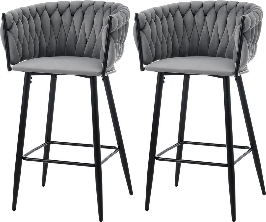 Merax Fluwelen eetkamerstoelen set van 2 luxe woonkamer met vier metalen poten grijs