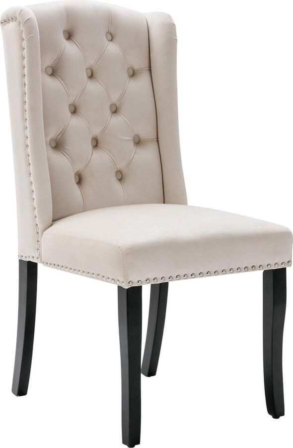 Merax Set van 6 Fluwelen Eetkamerstoelen met Eikenhouten Poten Knopen Chroom Handgreep en Decoratieve Nieten Voor Slaapkamer Keuken of Woonkamer (Beige)