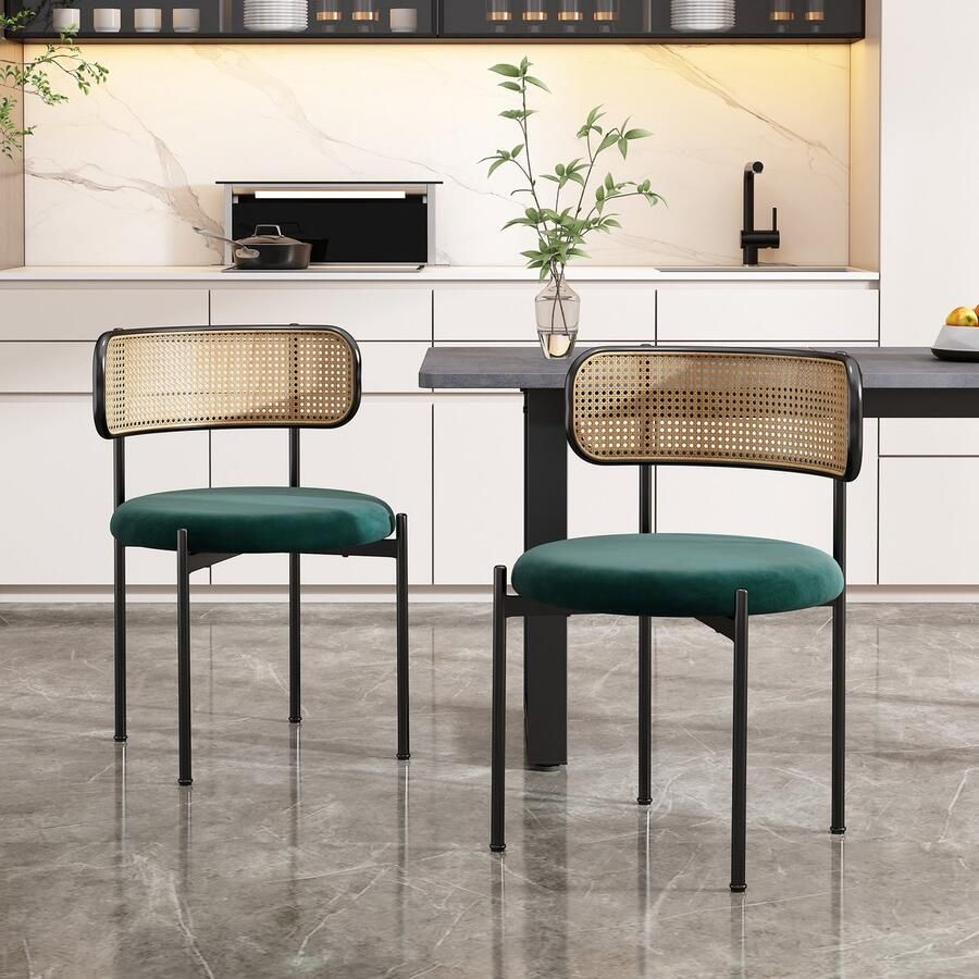 Merax Fluwelen eetkamerstoelen set van 2 moderne minimalistische loungestoelen rotan loungestoelen woonkamer- en slaapkamerstoelen groen