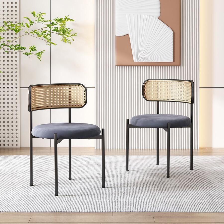 Merax Fluwelen eetkamerstoelen set van 2 moderne minimalistische loungestoelen rotan loungestoelen woonkamer- en slaapkamerstoelen grijs