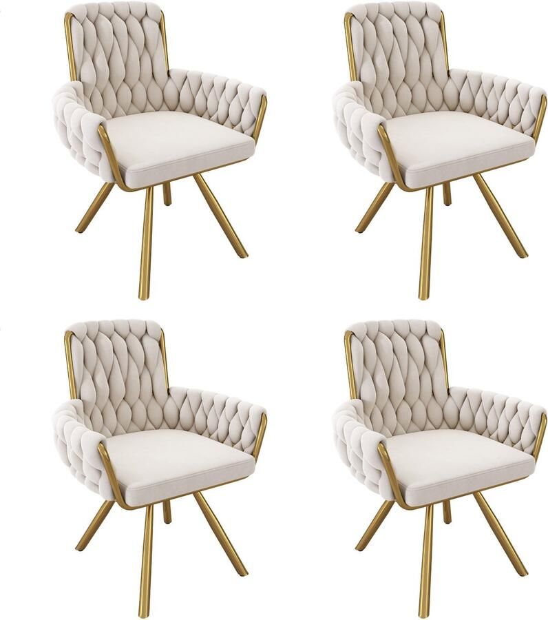 Merax Fluwelen eetkamerstoel set van 4 fauteuil enkele luxe woon- en slaapkamer draaistoel lounge draaistoel beige