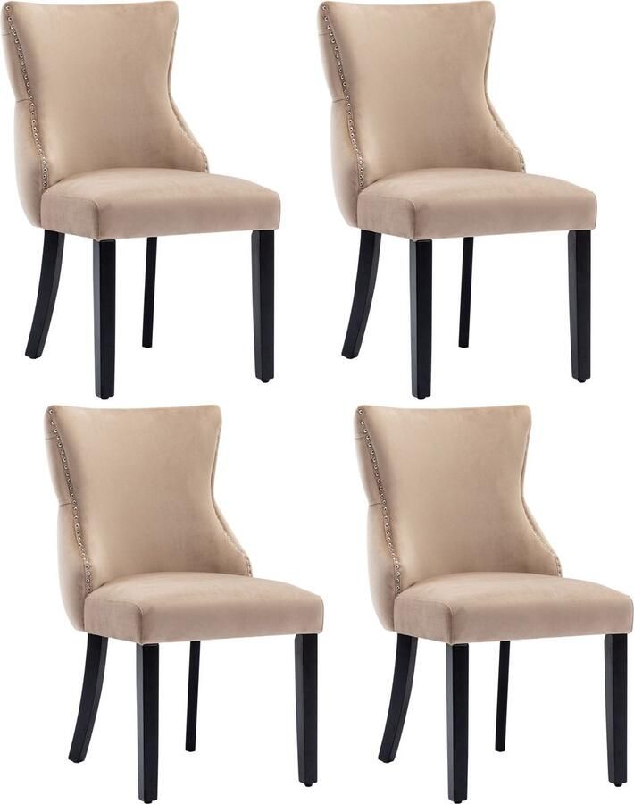 Merax Set van 4 Eetkamerstoelen – Beige Velvet – Met Knoopdetail en Massiefhouten Poten – Klassiek & Comfortabel Design - Foto 2