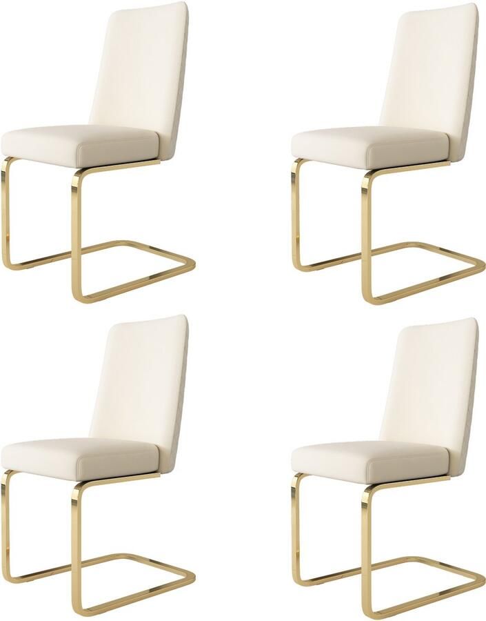 Merax Fluwelen eetkamerstoelen set van 4 woonkamer slaapkamer chaise longue diamanten rugmotief met gouden metalen steunpoten beige