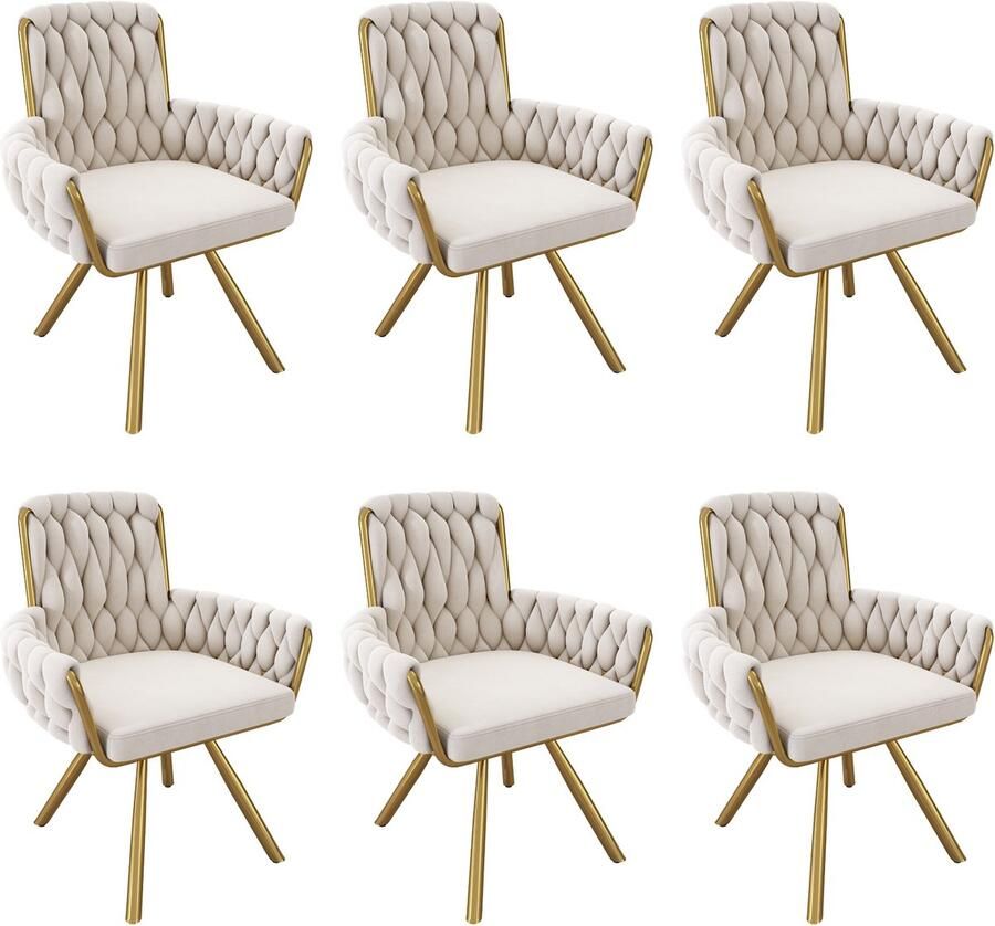 Merax Fluwelen eetkamerstoel set van 6 fauteuil enkele luxe woon- en slaapkamer draaistoel lounge draaistoel beige