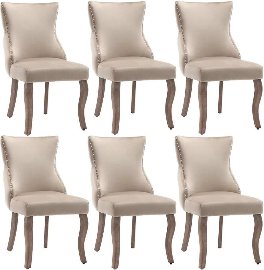 Merax Fluwelen Eetkamerstoelen Set van 6 – Beige Stoelen met Sierknopen Nagelkopafwerking en Massief Houten Gebogen Poten – Retro en Luxe Design