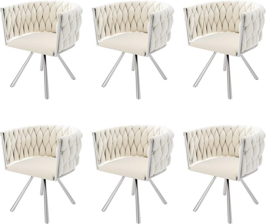 Merax Fluwelen eetkamerstoelen set van 6 eenpersoons deluxe woonkamer slaapkamer draaistoel lounge draaistoel beige zilver