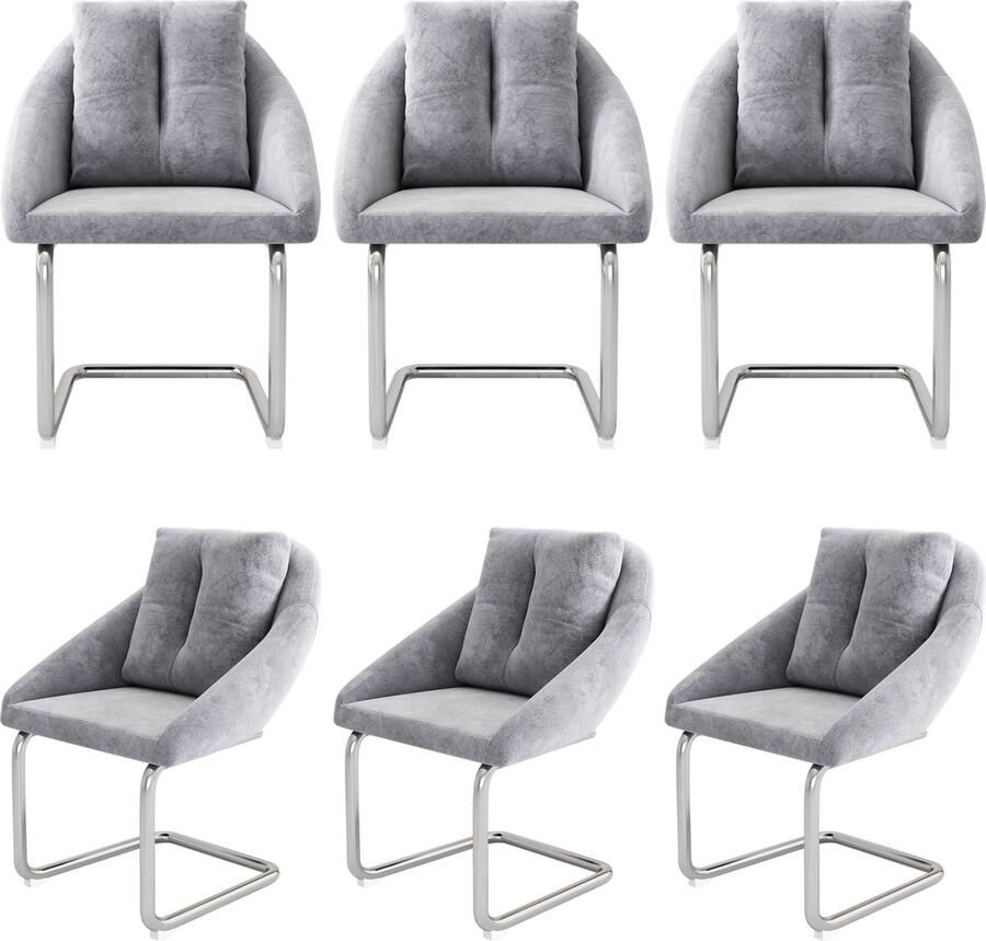 Merax Fluwelen Eetkamerstoelen Set van 6 Luxe Stoelen met Kussens voor Extra Comfort Grijs met Zilver