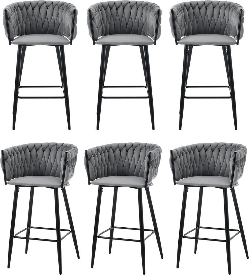 Merax Fluwelen eetkamerstoelen set van 6 luxe woonkamer met vier metalen poten grijs