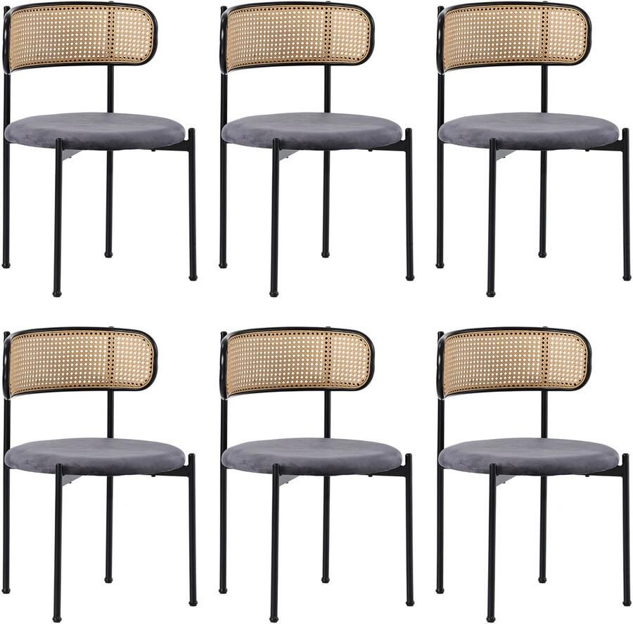 Merax Fluwelen eetkamerstoelen set van 6 moderne minimalistische loungestoelen rotan loungestoelen woonkamer- en slaapkamerstoelen grijs