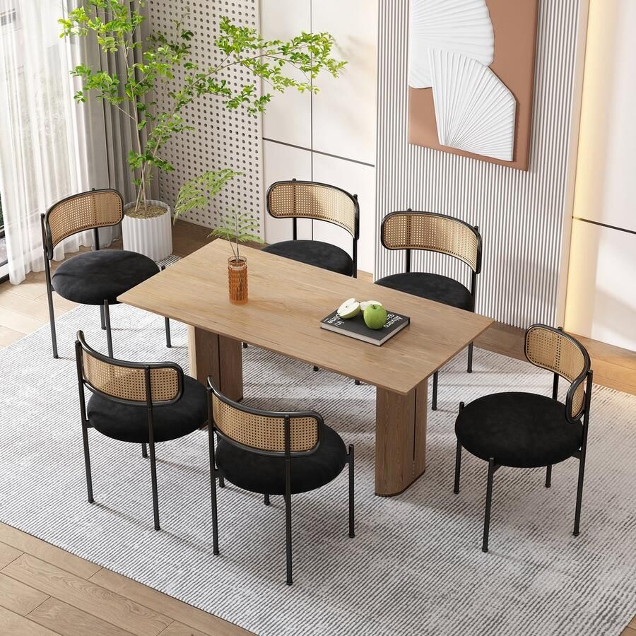 Merax Fluwelen eetkamerstoelen set van 6 moderne minimalistische loungestoelen rotan loungestoelen woonkamer- en slaapkamerstoelen zwart
