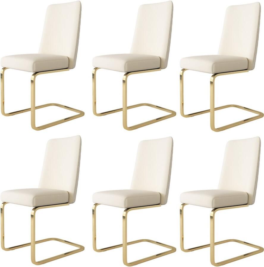 Merax Fluwelen eetkamerstoelen set van 6 woonkamer slaapkamer chaise longue diamanten rugmotief met gouden metalen steunpoten beige