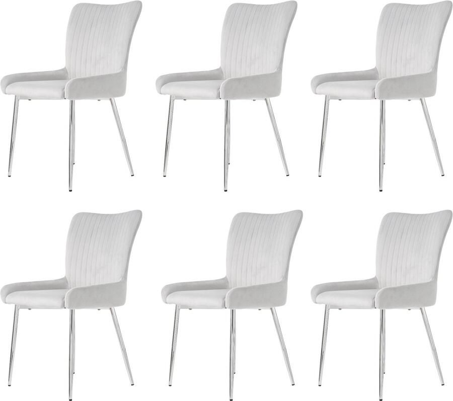 Merax Fluwelen eetkamerstoelen set van 6 woonkamer slaapkamer loungestoel met vier gouden metalen poten lendensteun grijs