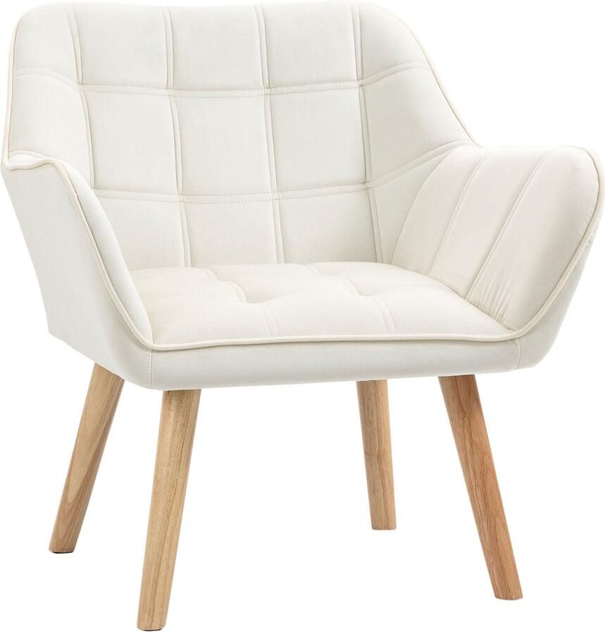 Merax Fluwelen Fauteuil Crème Scandinavische Relaxstoel met Houten Poten Loungestoel voor Woonkamer Slaapkamer 67x61 5x71 cm Tot 120 kg Draagkracht