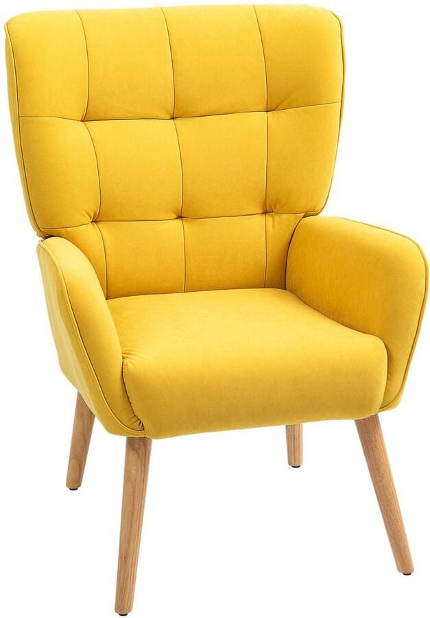 Merax Fluwelen Fauteuil Geel met Houten Poten – Loungestoel met Hoge Rugleuning – Relaxstoel voor Woonkamer Slaapkamer of Leeshoek – 75x66x100 cm