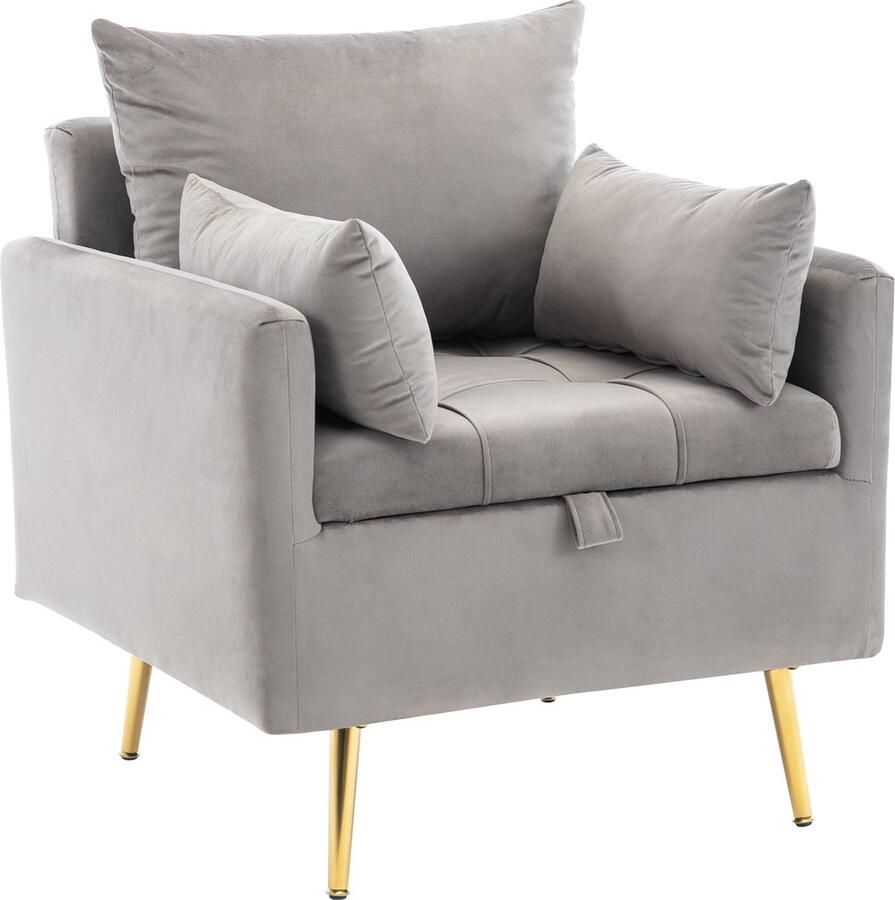 Merax Fluwelen Fauteuil met Opbergruimte onder Zitvlak Elegant Design Stoel met Comfortabele Kussens Grijs