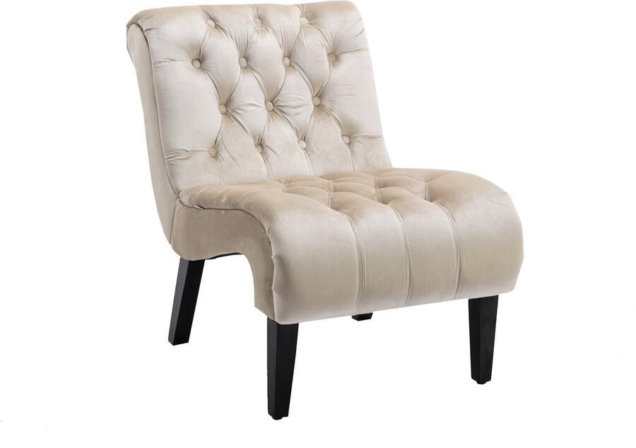 Merax Fluwelen Fauteuil zonder Armleuningen – Stijlvolle Accentstoel met Houten Poten – Beige met Zwart