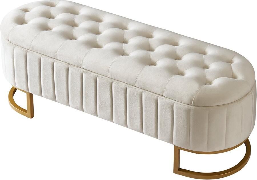 Merax Fluwelen Opbergbank 120x40 cm – Zitbank met Opbergruimte – Voetenbank Bed Hocker – Beige