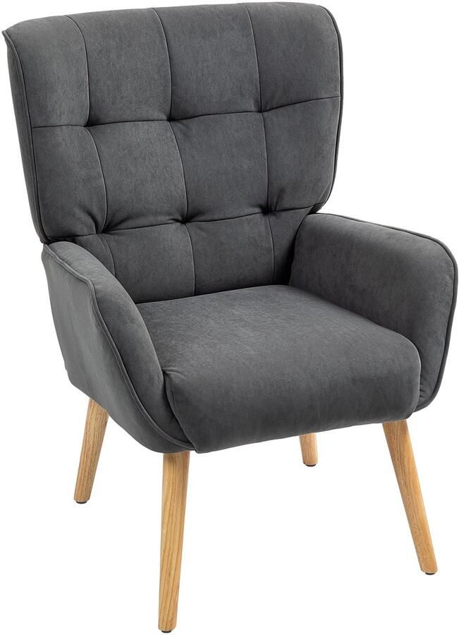 Merax Fluwelen Relaxstoel met Houten Poten Loungestoel met Hoge Rugleuning Gestoffeerde Fauteuil voor Woonkamer Slaapkamer Grijs 75x66x100 cm