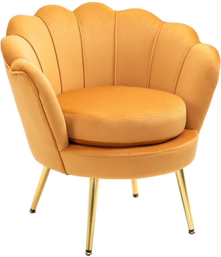 Merax Fluwelen Schelpfauteuil met Armleuningen Relaxstoel met Gouden Poten Accentstoel voor Slaapkamer Woonkamer Geel 76x67x74 cm