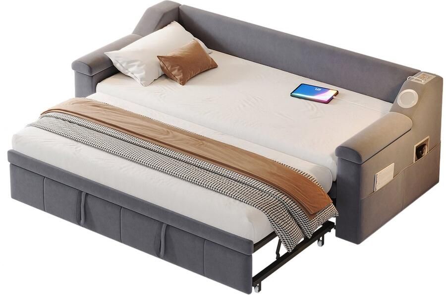 Merax Fluwelen Slaapbank 90 tot 180x190 cm – Bedbank met USB en Bluetooth – Grijs