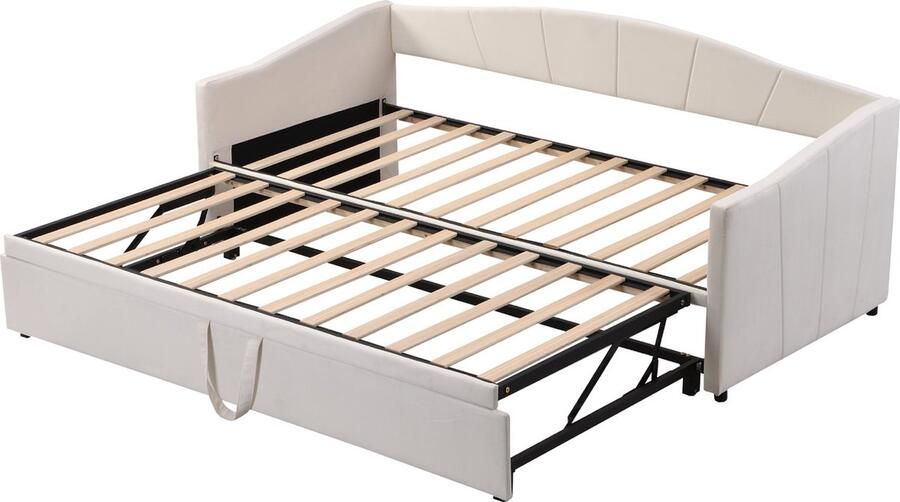 Merax Fluwelen Slaapbank Uitklapbaar Bed 90 180 x 200 cm met Lattenbodem Multifunctioneel Gestoffeerd Bed Beige