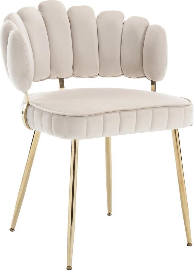 Merax Fluwelen Stoel Design Fauteuil met Bloemvorm Rugleuning en Armleuningen Comfortabele Woonkamerstoel Eetkamerstoel Slaapkamerstoel Bureau Metalen Poten Set van 2 Ivoor