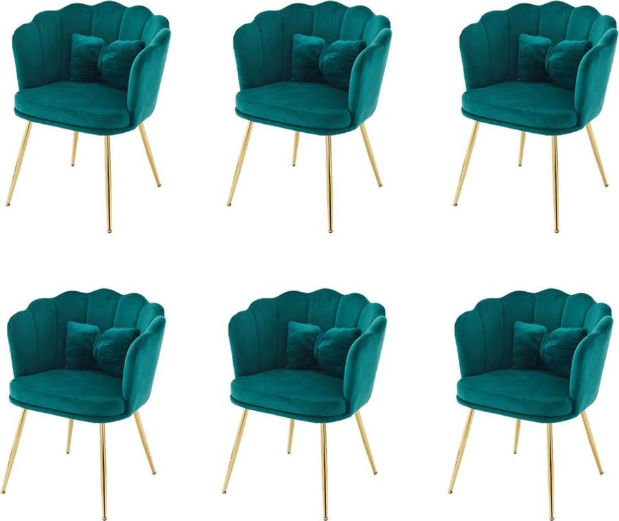 Merax Set van 6 moderne fluwelen stoelen met bloemblad rugleuning vergulde metalen poten en vlinderkussen voor slaapkamer eetkamer en woonkamer (groen)
