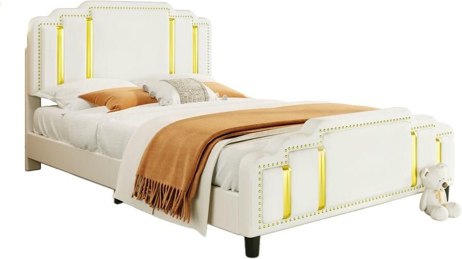 Merax Fluwelen Tweepersoonsbed 140x200 cm Gestoffeerd Bed met Gouden Accenten Luxe Bedframe Beige
