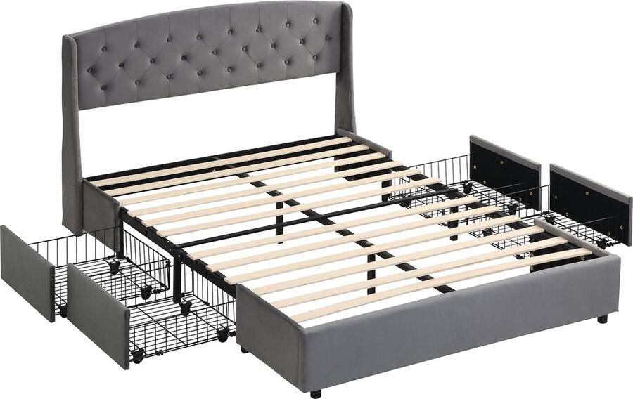 Merax Fluwelen Tweepersoonsbed 140x200 cm met 4 Opberglades Gestoffeerd Bed met Inclusief Lattenbodem Grijs