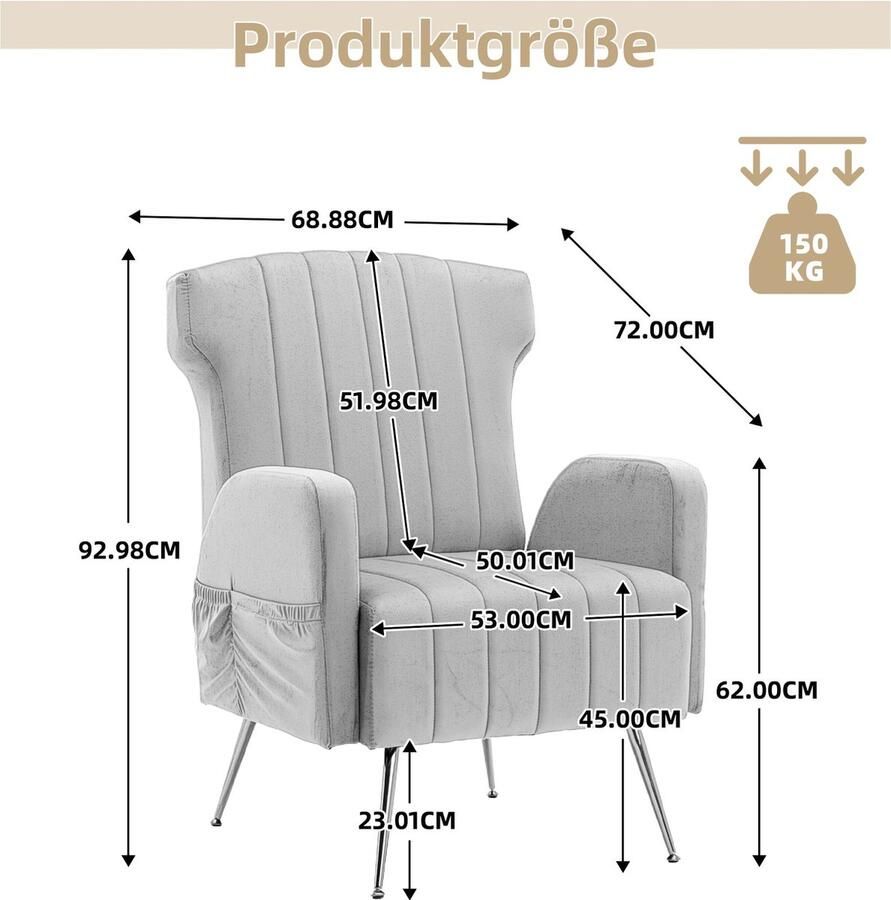 Merax Fluwelen Wingback Stoel – Beige – Hoge Rugleuning – Gouden Metalen Poten – Luxe Fauteuil voor Woonkamer Slaapkamer en Kantoor