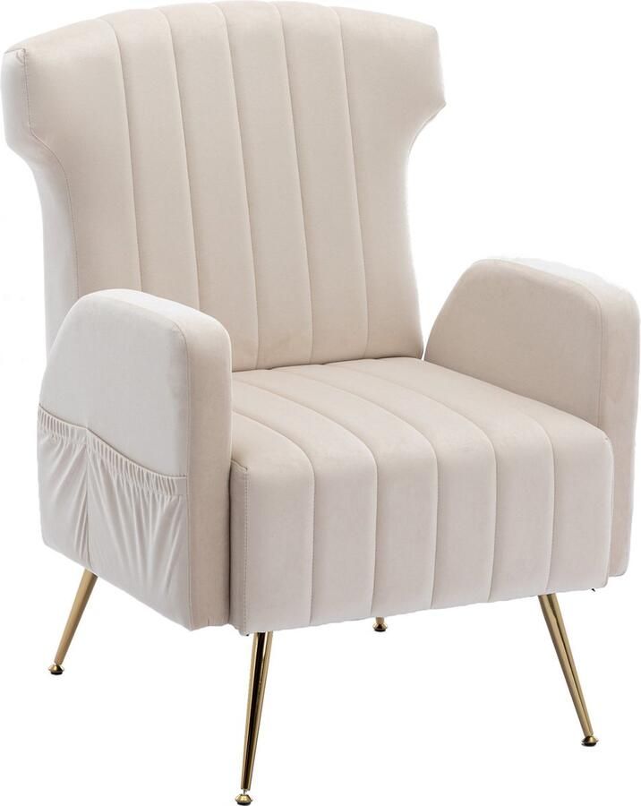 Merax Fluwelen Wingback Stoel – Beige – Hoge Rugleuning – Gouden Metalen Poten – Luxe Fauteuil voor Woonkamer Slaapkamer en Kantoor - Foto 3
