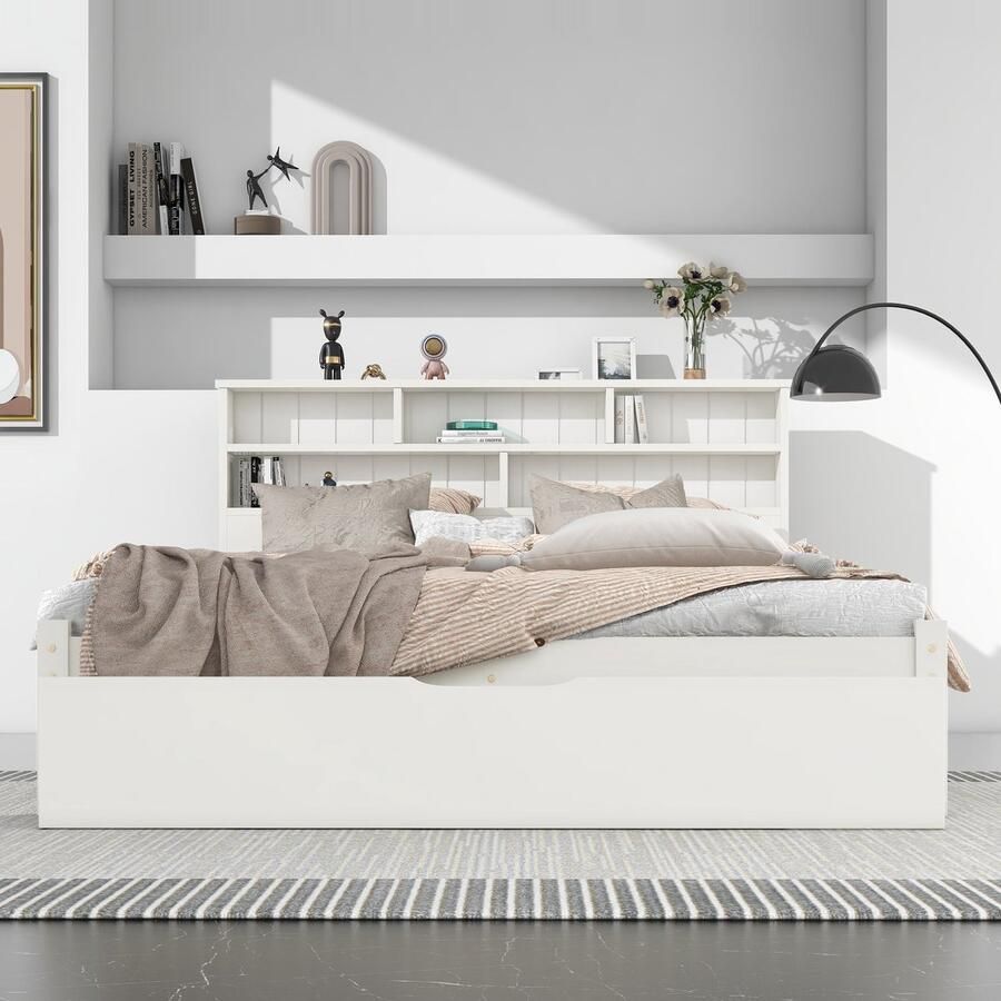 Merax Functioneel Tweepersoonsbed met Boekenkast Hoofdbord 140x200 cm Wit Massief Hout