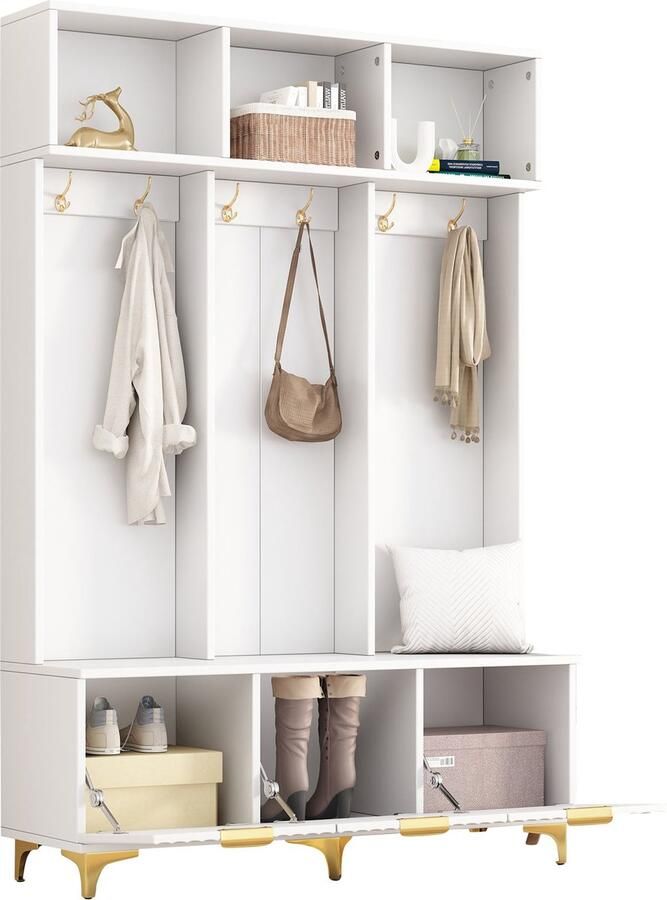 Merax Garderobekast met Schoenbank – Kapstok met Opbergruimte Schuiflades en Kleerhaken – Hoge Halmeubel met Hydraulische Scharnieren – 126x40x192 cm – Wit