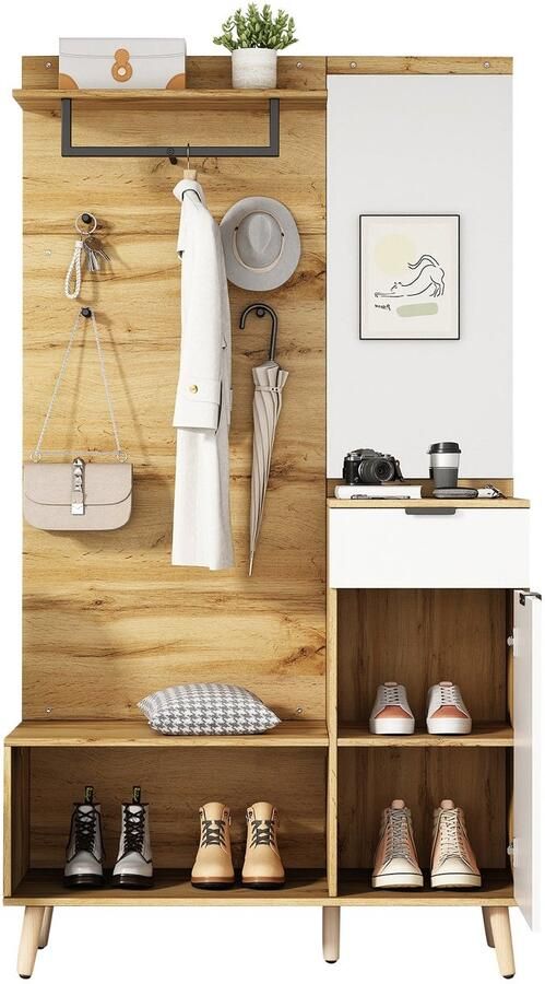 Merax Garderobekast 190 cm hoog – Modern Garderobeset met Spiegel Schoenbank Schoenkast Schuiflade Plank en Kapstokhaken – Eikenlook