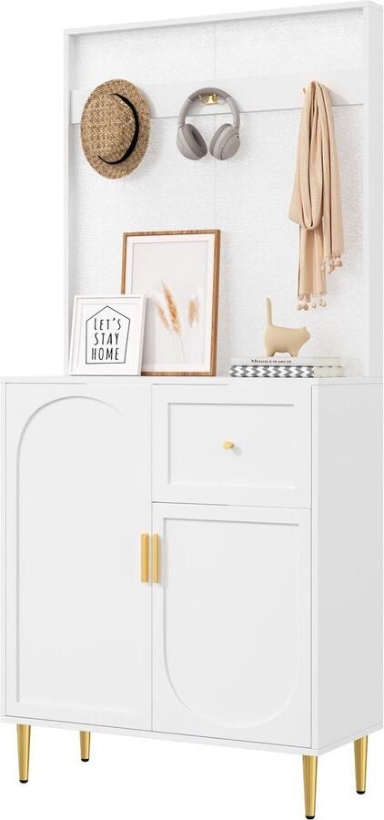 Merax Garderobekast Compact – Halmeubel met Spiegel – Wit en Gouden Accenten – Verstelbare Planken – 80x175 5x35 cm