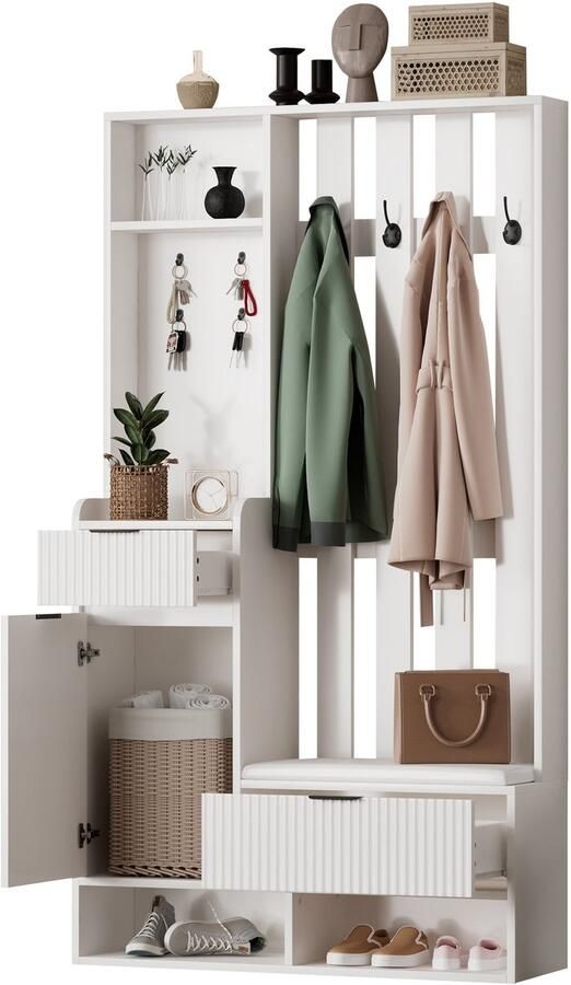Merax Garderobekast Kapstok met Bank 100 cm – Halmeubel met Lade en Kast – Wit