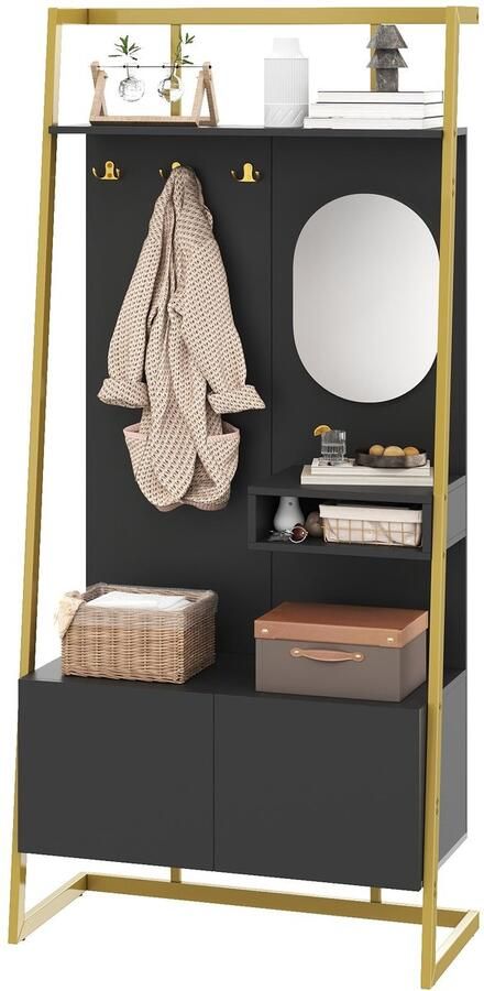 Merax Moderne Kompakte Garderobekast Kapstok met Spiegel Schoenenkast en Haken Garderoberek met Zitbank en Opbergruimte Zwart 78x38 5x180 5 cm