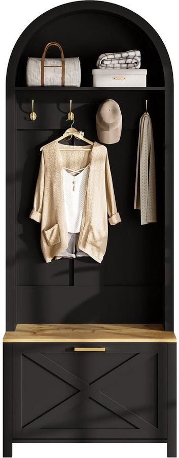Merax Garderobekast met Schoenenrek – Moderne Hall Tree met Haken Zitbank en Opbergruimte – Zwart met Houtaccent – 75×35×195 cm