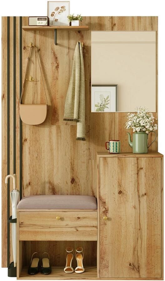 Merax Garderobekast Compleet – Halmeubel met Spiegel – Zwarte Zierlijst – Gepolsterde Zitbank – Parapluhouder – MDF – 115x185x37 cm