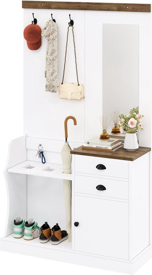 Merax Garderobekast met Spiegel Haken en Schubladen – Wit & Hout – Inclusief Schirm- en Schoenenhouder – 110x38x191 cm