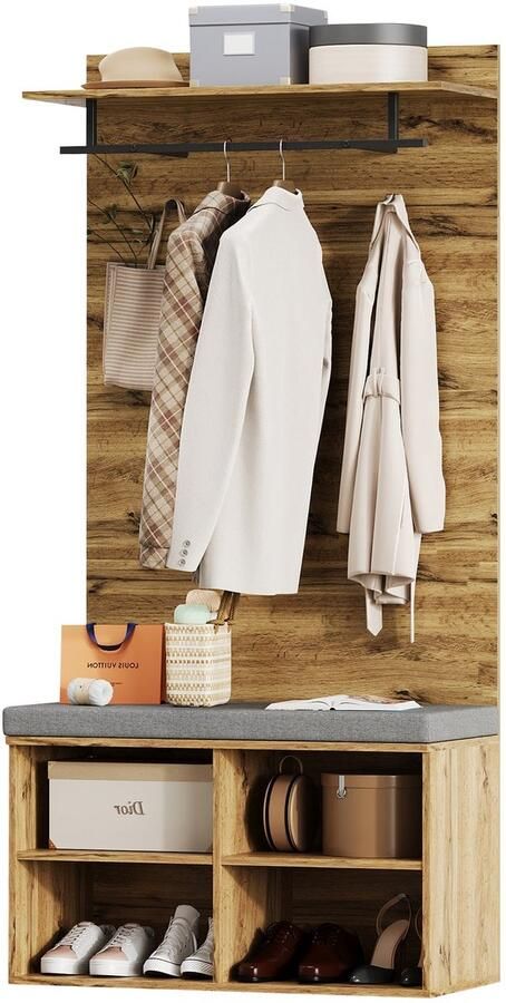 Merax Garderobeset – 175 cm Hoog – Houtlook met Schoenbank Verstelbare Plank Kledingstang en Zacht Kussen – Praktische Halmeubelset