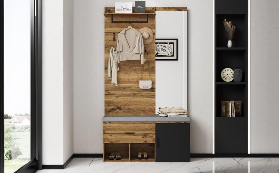 Merax 190 cm Garderobenset in Eikenkleur met Spiegel Schuhbank (104 x 39 cm) met Kussen Schoenenkast Lade Rek en Kleerhaken – Praktisch Ontwerp voor de Hal