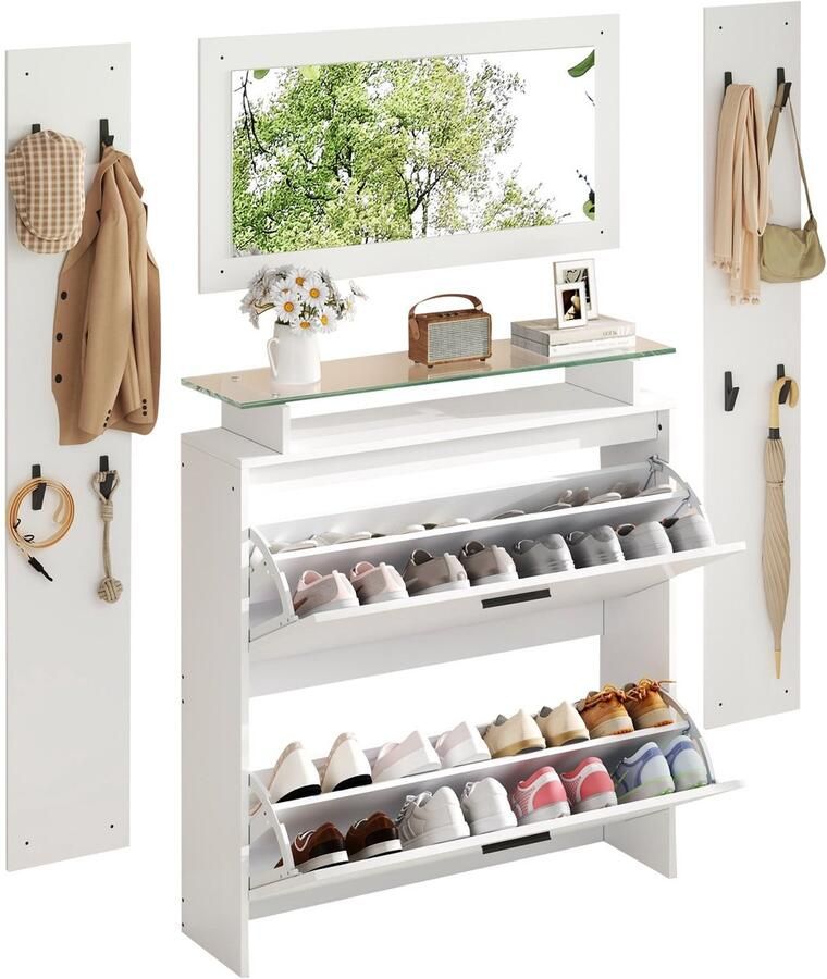 Merax Garderobeset 4-delig met Spiegel Schoenenkast en Kapstok 89.5x23x96.5 cm Wit